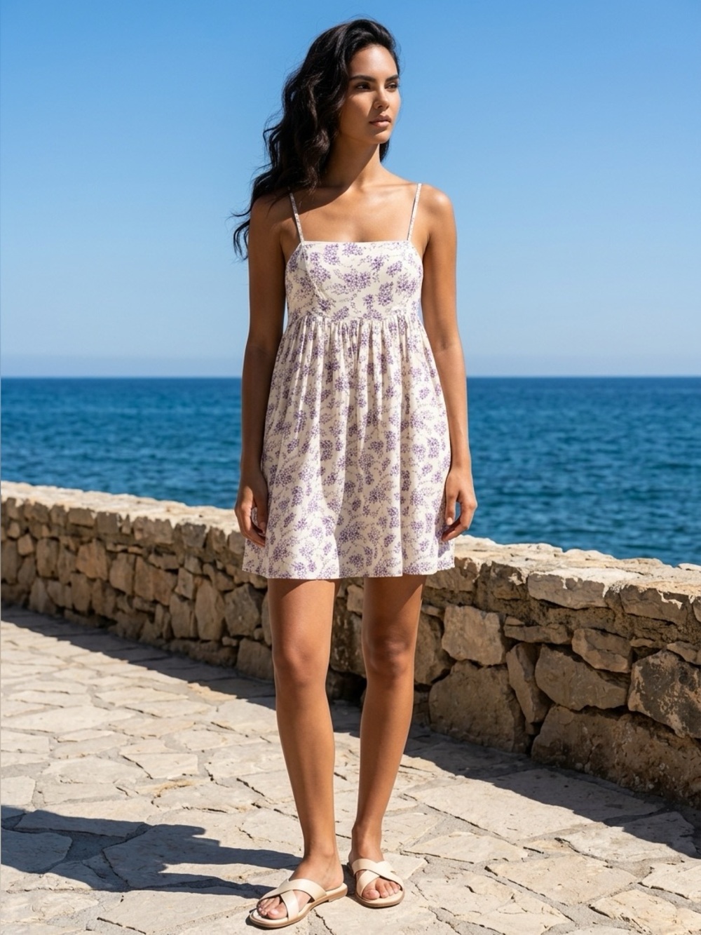 Storia Womens Small Purple White Floral Square Neck Empire Waist Mini Sundress